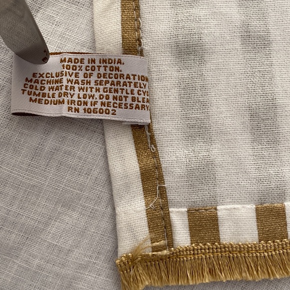 Gold and white stripe elegant fringe tea towel and moose condiment knife, NWOT - Picture 4 of 10